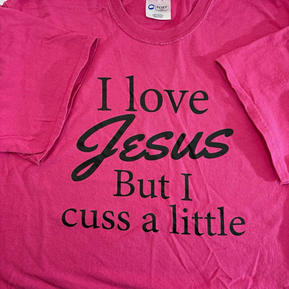 Port & Company Mens Hot Pink Jesus Cuss A Little Graphic T Shirt Large L